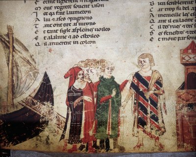 Franse koopman in Venetië. Miniatuur van het "Roman de Troy" door Benoit de Saint Maure. 14e eeuw Biblioteca Marciana, Venetië door Unknown artist