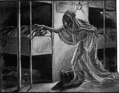 Franse propaganda tegen de Spaanse griepepidemie: de ziekte wordt allegorisch weergegeven als een zorgwekkende figuur die een slapende persoon nadert in de slaapzaal van een migrantenboot. door Unknown artist