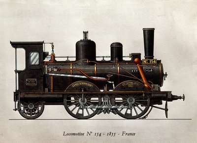 Franse trein: Locomotief Nummer 154 van 1855. Gravure. Parijs, Decoratieve Kunsten door Unknown artist