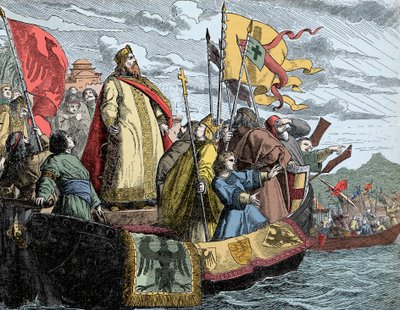 Frederik I (Barbarossa) steekt over naar Klein-Azië tijdens de 3e Kruistocht (1189) door Unknown artist