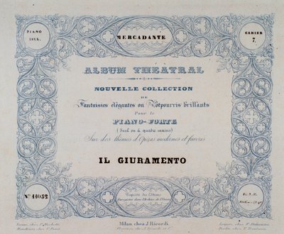 Frontispice van de opera Il Giuramento, door Mercadante (1837) door Unknown artist