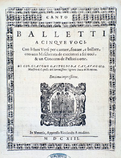 Frontispice van Balletti voor vijf stemmen door Giovanni Giacomo Gastoldi door Unknown artist