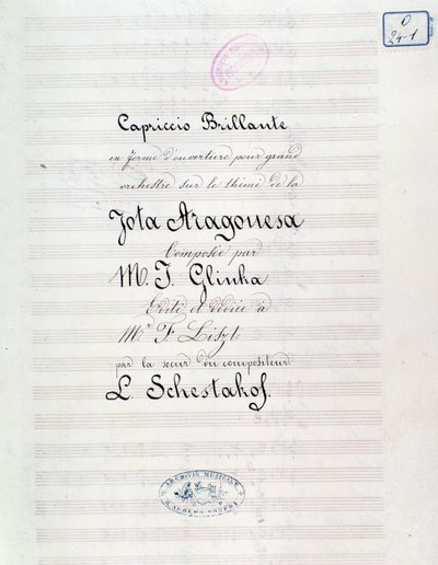 Frontispice van Capriccio brilliant op het thema van Jota Aragonese (Spaanse ouverture nr.1) door Mikhail Glinka door Unknown artist