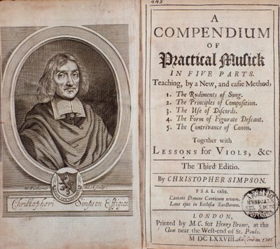 Frontispice van Compendium van praktische muziek in vijf delen door Unknown artist