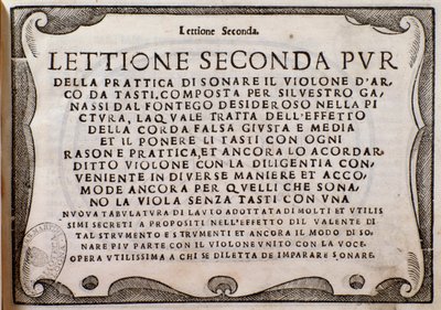 Frontispice van Lettione Seconda door Silvestro Ganassi dal Fontego door Unknown artist