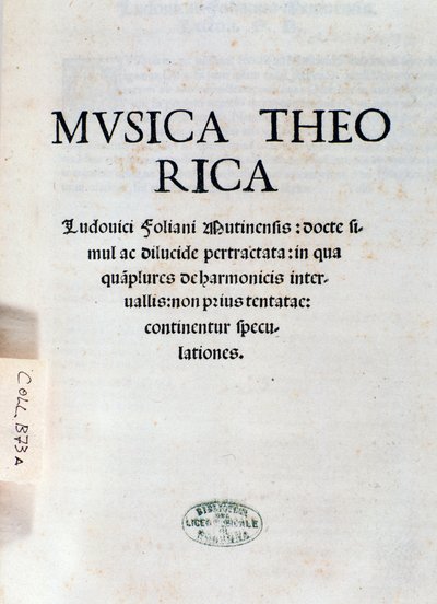 Frontispice van Musica Theorica door Ludovico Foliani (gravure) door Unknown artist