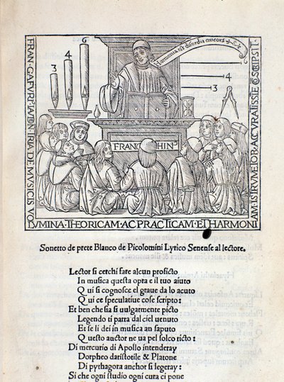 Frontispice van het verdrag Angelicum ac divinicum opus musicae door Franchino Gaffurio door Unknown artist