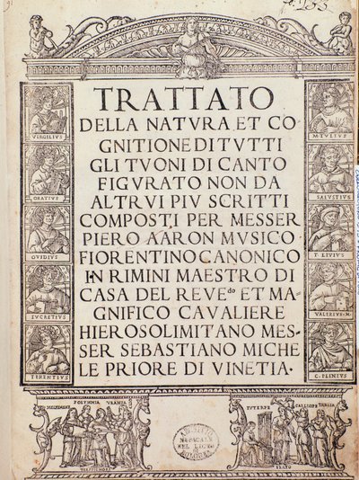 Frontispice of titelpagina van Trattato della natura e Cognizione di tutti gli duoni di canto figurato door Pietro Aron door Unknown artist