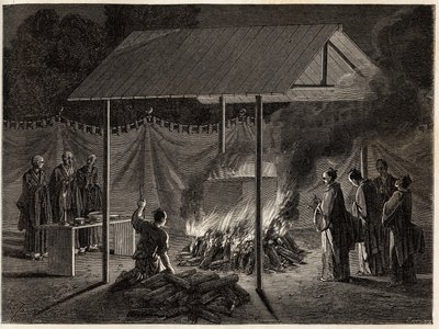 Begrafenisceremonies: rituele verbranding. Gravure ter illustratie van de reis naar Japan in 1863-1864, door Aime Humbert, minister van de Zwitserse Confederatie, in 