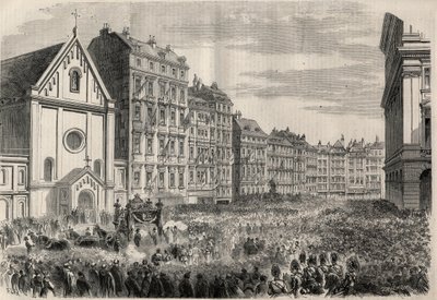 Begrafenis van Keizer Maximiliaan I van Mexico (1832-1867): aankomst van de begrafenisstoet voor de Kapucijnenkerk van Wenen. Gravure in 