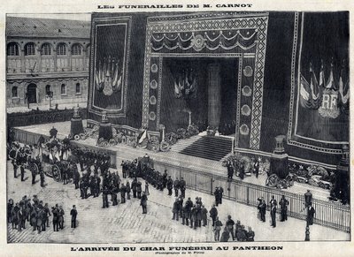 Begrafenis van Sadi Carnot (1837-1894), voormalig Frans president, in het Pantheon in Parijs. Aankomst van de begrafeniswagen. Gravure in 
