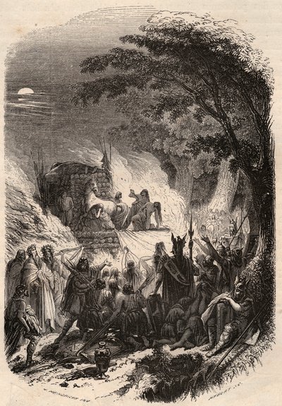 Begrafenis van een Germaanse hoofdman in de oudheid: zijn lichaam wordt verbrand met zijn wapens en zijn paard. Gravure uit 1868 in 