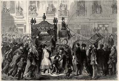 Begrafenisstoet tijdens de uitvaart van Gioacchino Rossini (1799-1868) in Parijs. Gravure in 