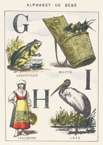G H I: kikker, kap, Italiaan, ibis door Unknown artist