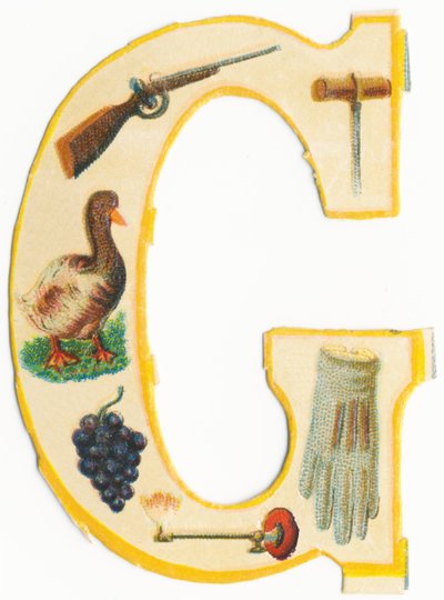 G: geweer, boor, gans, druif, gaslamp, handschoen door Unknown artist
