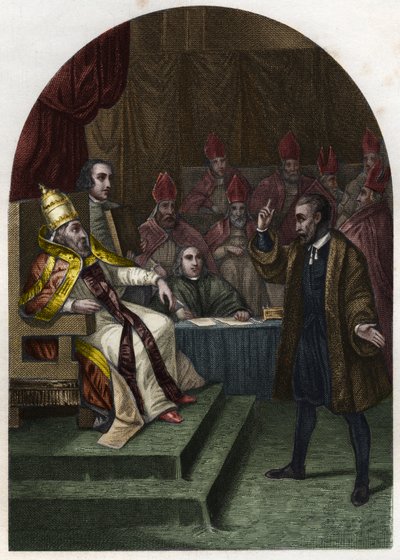 Galileo Galilei (1564-1642) voor paus Urbanus VIII in 1633. Gravure uit 1842 in 