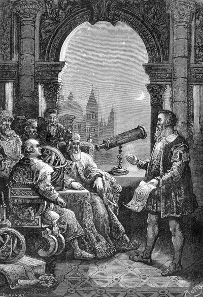Galileo Galilei presenteert de eerste astronomische bezel aan de Doge van Venetië door Unknown artist