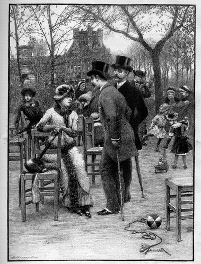 Galante conversatie tussen twee mannen en een jonge vrouw, allen zeer elegant, in de Tuilerieën in Parijs tijdens de zomer. Gravure in 