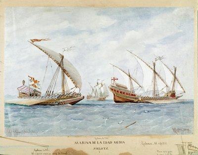 Galei en galeon uit de 15e eeuw door Unknown artist