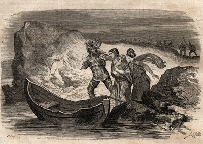 Gallische Oorlogen, 58-51 v.Chr. Romeinse overwinning op de Germaanse stammen onder Ariovistus - Ariovistus gedwongen de Rijn over te steken - gravure in 