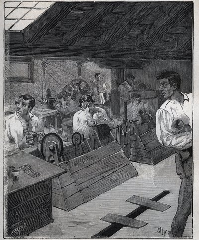 Galvanische vergulding: schrapen van gouden sieraden met een schraper-boesse. Gravure uit 1885 in 