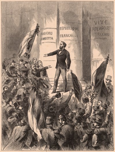 Gambetta, op de trappen van het stadhuis in Parijs, de Republiek uitroepend na de gevangenneming van Napoleon III bij de slag om Sedan in de Frans-Pruisische Oorlog van 1870 door Unknown