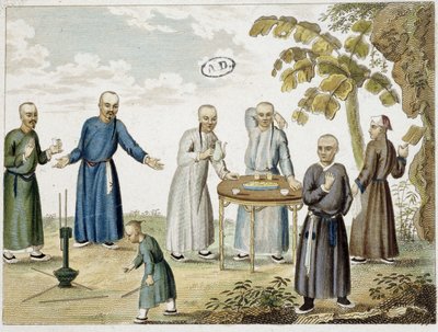 Spelletjes en mannen die thee drinken in China - 19e eeuw, gravure door Unknown artist