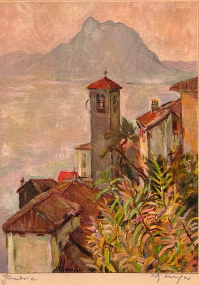 Gandria, Zwitserland, met Mont San Salvatore en het meer van Lugano, ansichtkaart van Fritz Meijer, ca.1940 (kleurenlitho) door Unknown artist