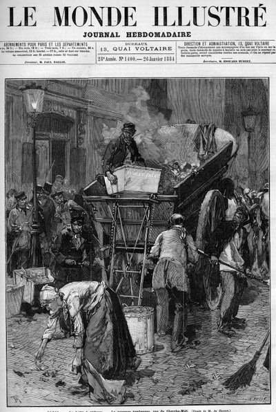 Vuilnisbak, de nieuwe vrachtwagen rue du Cherche Midi (Cherche-Midi) in Parijs. Mannen en vrouwen die afval oprapen op een straat in Parijs om het in een kar te doen, waardoor het leven wordt schoongemaakt. Gravure in 