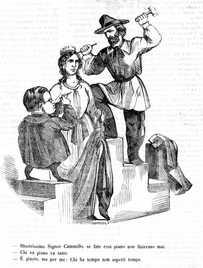 Garibaldi: Meneer Camillo (Cavour), als u zo langzaam gaat, zullen we nooit klaar zijn. Cavour: Wie langzaam gaat, gaat ver. Garibaldi: Dat klopt, maar wie tijd heeft, wacht niet op tijd. Satirische gravure door Il Fischietto door Unknown artist