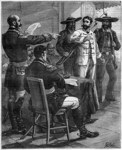 Gaston de Raousset-Boulbon (1817-1854) voorgeleid aan een krijgsraad in 1854 in Mexico - gravure uit 1888 door Unknown artist