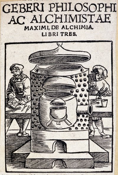 Geberi philosophi ac alchimistae titelpagina van een alchemie deal. Geber (v721-v815), Arabische Alchemist door Unknown artist