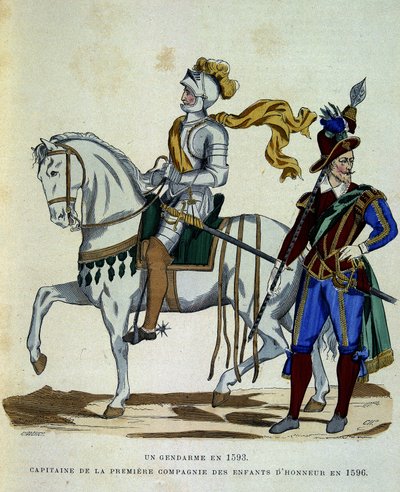 Gendarme in 1593 en kapitein van de 1e compagnie van de kinderen van eer in 1596 - in La France et les francais door Challamel door Unknown artist