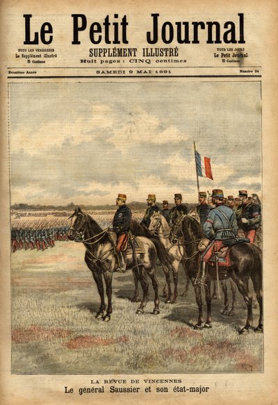 Generaal Felix Gustave Saussier en zijn staf inspecteren de troepen in Vincennes. Gravure in 