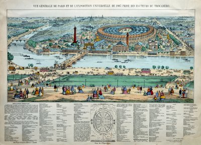 Algemeen overzicht van de Wereldtentoonstelling van 1867 in Parijs. Onderaan: het park van de militaire school van de Champ de Mars. Gravure Parijs, Musee Carnavalet door Unknown artist