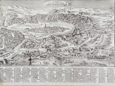Algemeen uitzicht op de stad Wenen met detail van de belangrijkste gebouwen en monumenten. Oostenrijk Gravure uit 1800 Privécollectie door Unknown artist