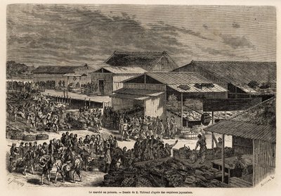 Algemeen overzicht van de vismarkt, met de haven van de goederenbarken, de hutten en de presentatiestalletjes van de producten, en het podium voor verkoop aan de veilinghuizen, met de levendige animatie die de plaats verenigt: havenarbeiders, verkopers en  door Unknown artist