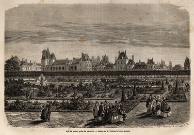 Algemeen overzicht van het paleis en de tuinen van Fontainebleau, genomen vanaf de vloer. Gravure ter illustratie van een beschrijving van het kasteel en het bos van Fontainebleau, in 1867, door M. Pays, in 