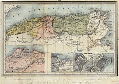 Geografische kaart van Algerije en details van de provincies Algiers, Oran en Constantine, gemaakt door Amboise Tardieu. door Unknown artist
