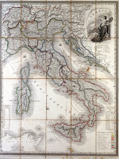 Geografische kaart van Italië in 1850 met de afbakening van de grenzen van de verschillende staten die het land vormden vóór de Risorgimento. door Unknown artist