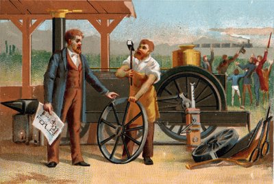 George Stephenson (1781-1848) afgebeeld met een van zijn uitvindingen: de locomotief. Late chromolithografie uit de 19e eeuw door Unknown artist