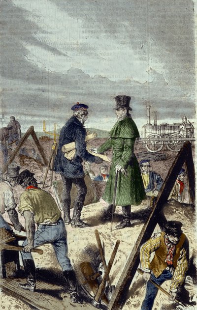 Georges Stephenson (1781-1848), Engelse ingenieur, bouwer van de Liverpool Manchester Road met zijn eerste locomotief door Unknown artist