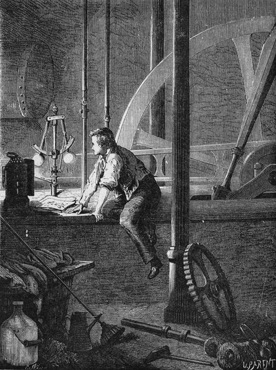Georges Stephenson, een machinist in Newcastle, demonteert en repareert zijn stoommachine. In 
