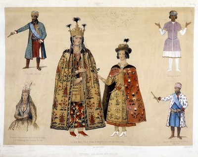 Georgische kostuumbord in de 16e en 17e eeuw: Koning Irakli (1744 - 1798), Gheorghi X (1687), Prinses Chartchevadze (Ambassadeur van Georgië in St. Petersburg onder Catharina II 1780), Koningin Mary (dochter van Dadian van Mingrelie met haar zoon Otthia 1 door Unknown artist