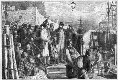 Duitse emigranten naar New York inschepen op Hamburg stoomboot in 1874, gravure door Unknown artist