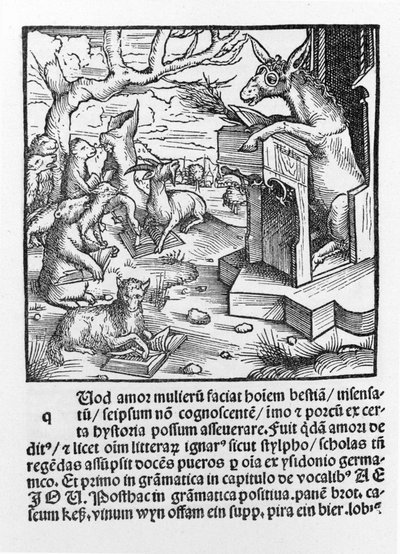 Duitse incunabel die een ezel toont die een klas bosdieren lesgeeft. 1490. door Unknown artist