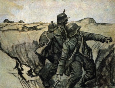 Duitse soldaten gooien granaten vanuit loopgraven naar vijandelijke troepen. 26/5/1917. door Unknown Artist