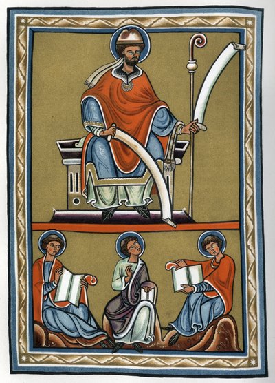 Gilbert de la Porree (Porretanus, scholastisch theoloog) en zijn discipelen, Jourdain Fantosme, Yves de Chartres en Jean Beleth. 19e-eeuwse facsimile van een 12e-eeuwse miniatuur in 