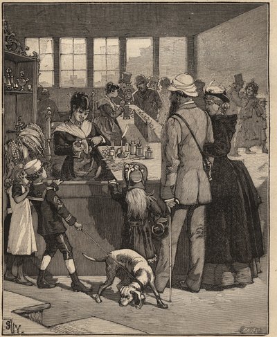Glaskunst: toeristen kopen een parel geblazen in een glasfabriek in Venetië, Italië. Gravure uit 1885 in 