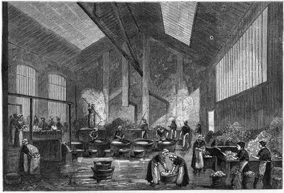 Glas triage werkplaats, rue de Crimee in Parijs. Gravure in "La Nature: revue des sciences et de leurs applications aux arts et a l